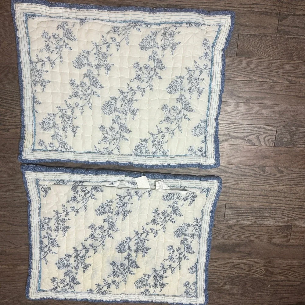 Pottery Barn Quilted Pillow Shams Standard Blue Botanical Cottage Shabby Chic‎